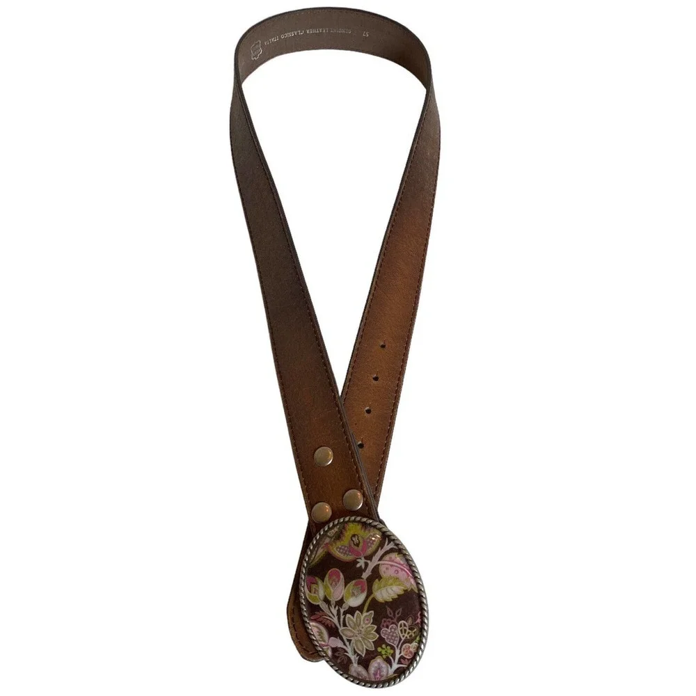 Vintage Classico Italia Leather Belt Sz L 36-38 Ivan Floral Resin Buckle - Picture 3 of 9